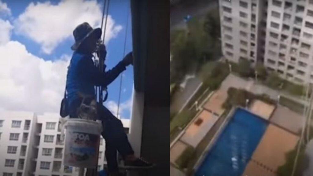 Mujer corta cuerda de seguridad que sostenía a dos pintores