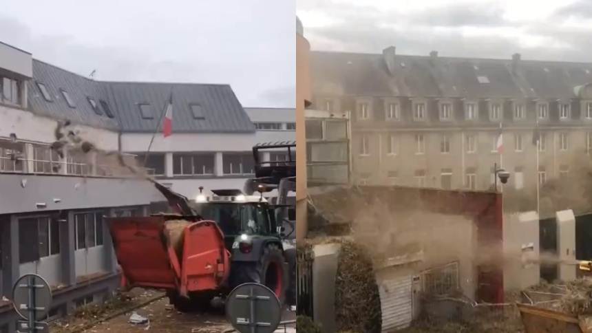 Agricultores furiosos bombardearon toneladas de estiércol en oficinas gubernamentales en Francia (VIDEO)
