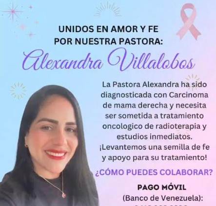 Inician una campaña de recaudación de fondos para apoyar el tratamiento de salud de la pastora Alexandra Villalobos campaña de recaudación de fondos